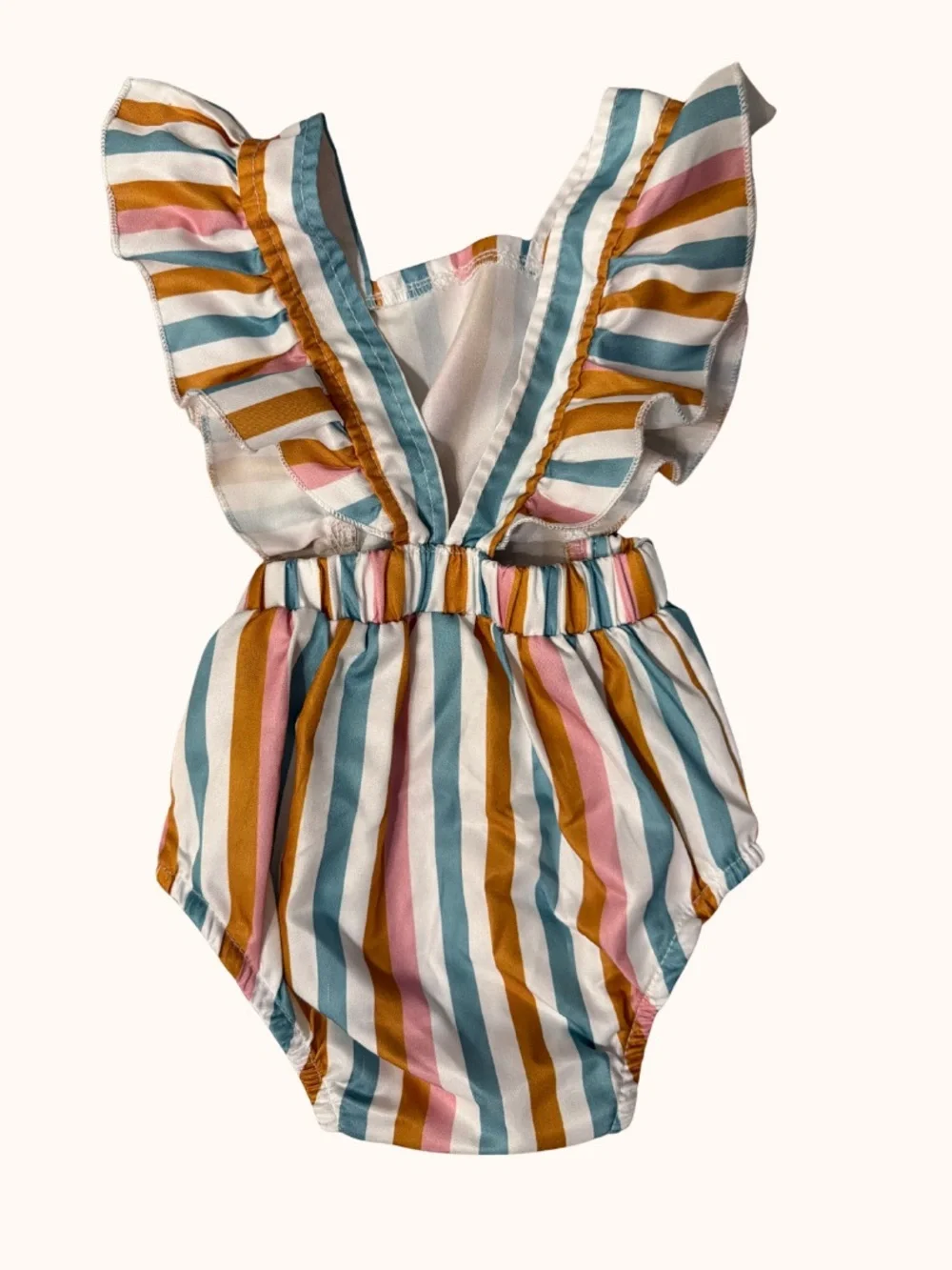 SHEIN Striped Ruffle-Shoulder One-Piece - Teal, Mustard & Pink